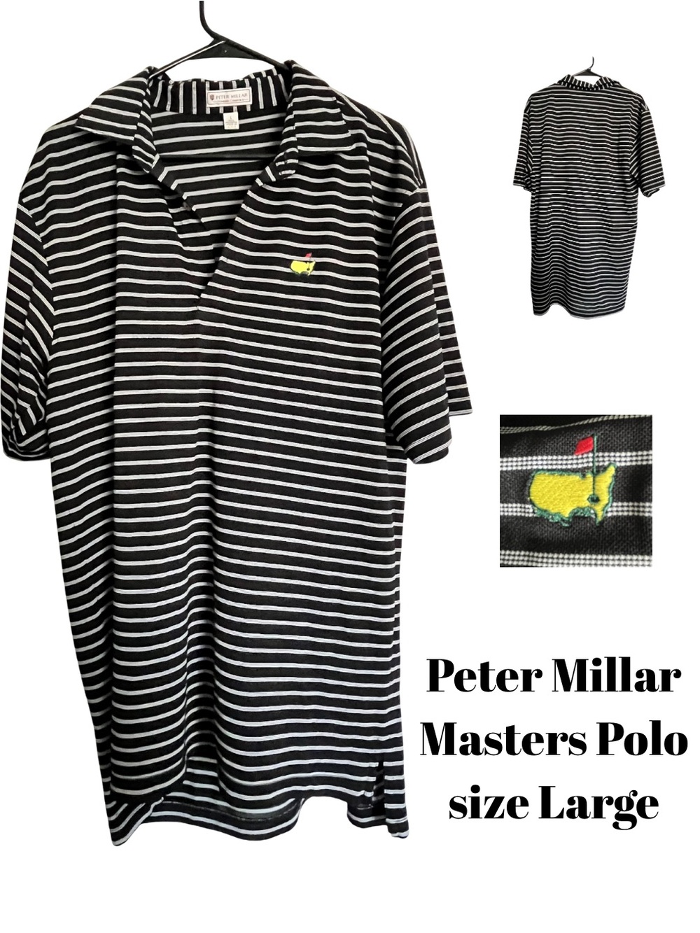 Peter Millar Black & White Striped Masters Polo with Yellow Logo